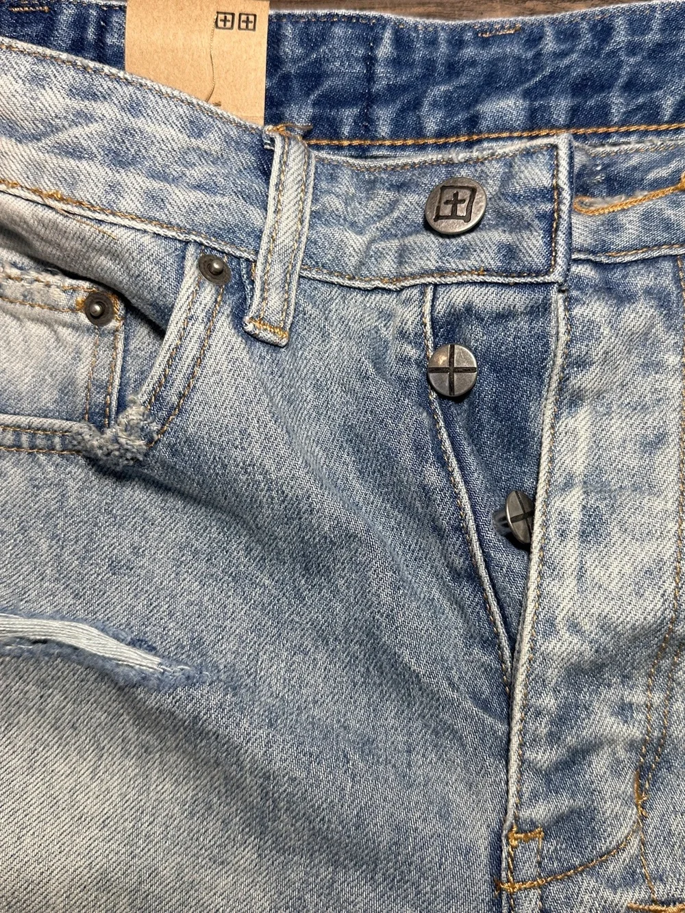 Ksubi Brooklyn Ripped Denim Bermuda Shorts 24 Blue Relaxed Mid Rise Long Jorts